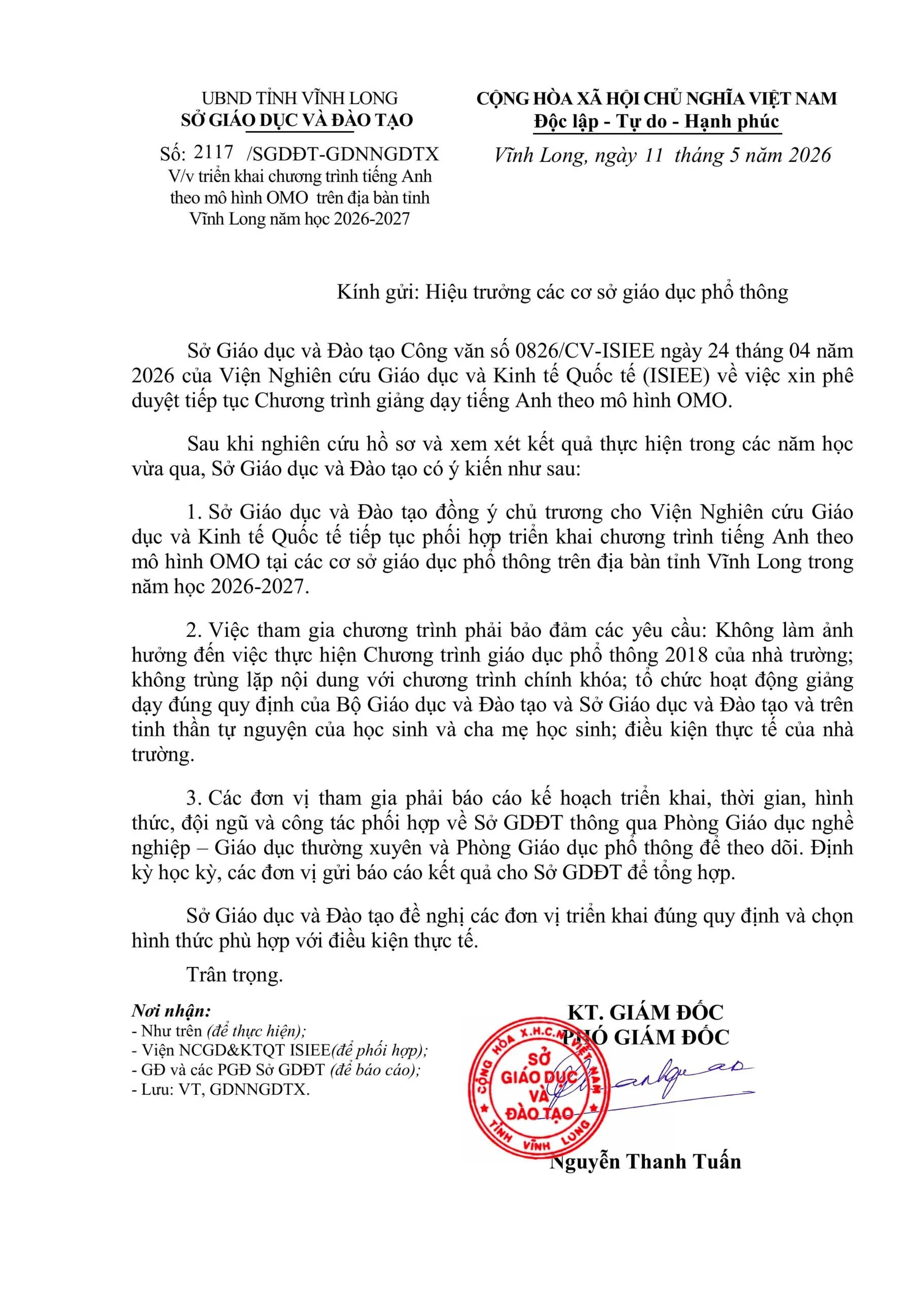 Công văn của Sở Giáo dục và Đào tạo về việc triển khai chương trình tiếng Anh theo mô hình OMO