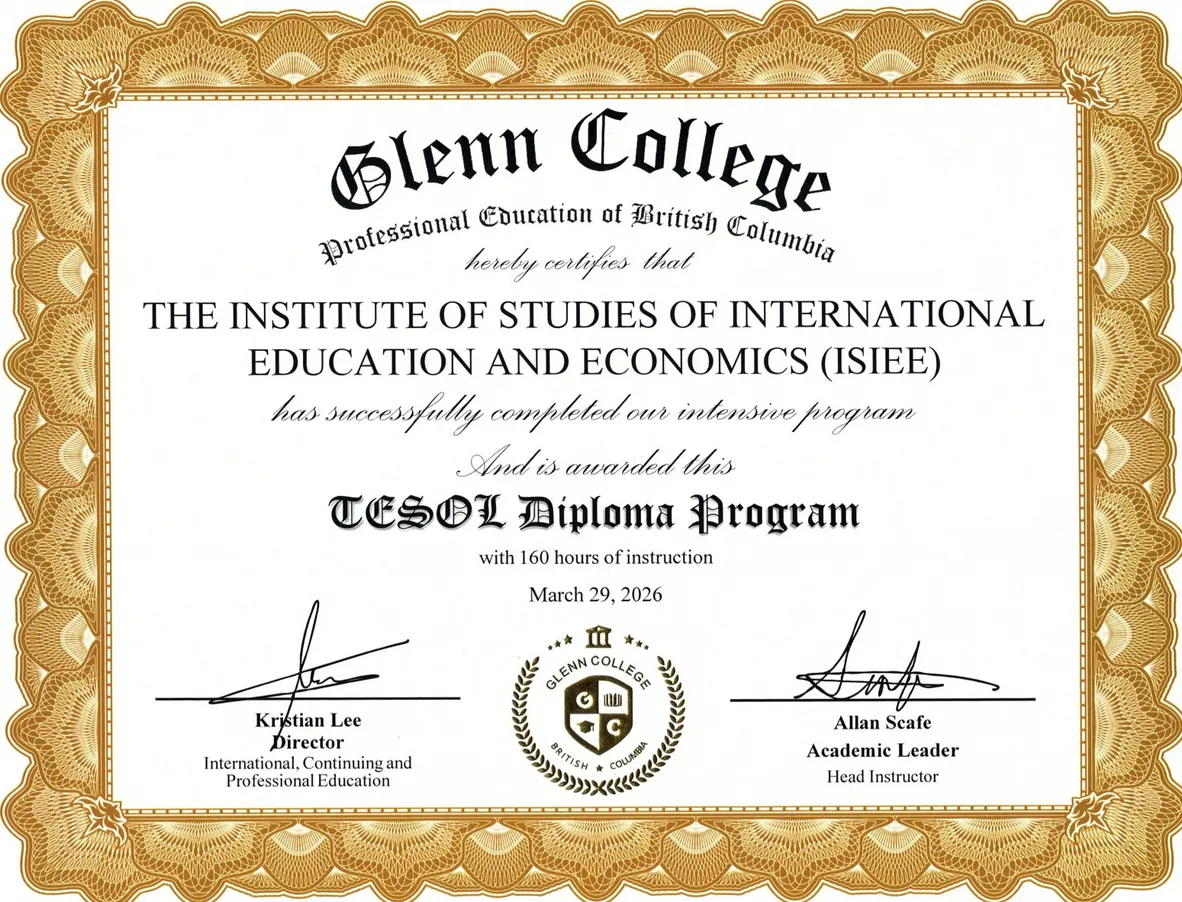 Bằng TESOL Diploma Program 160 giờ do Trường Cao đẳng Glenn (Canada) cấp cho Viện ISIEE