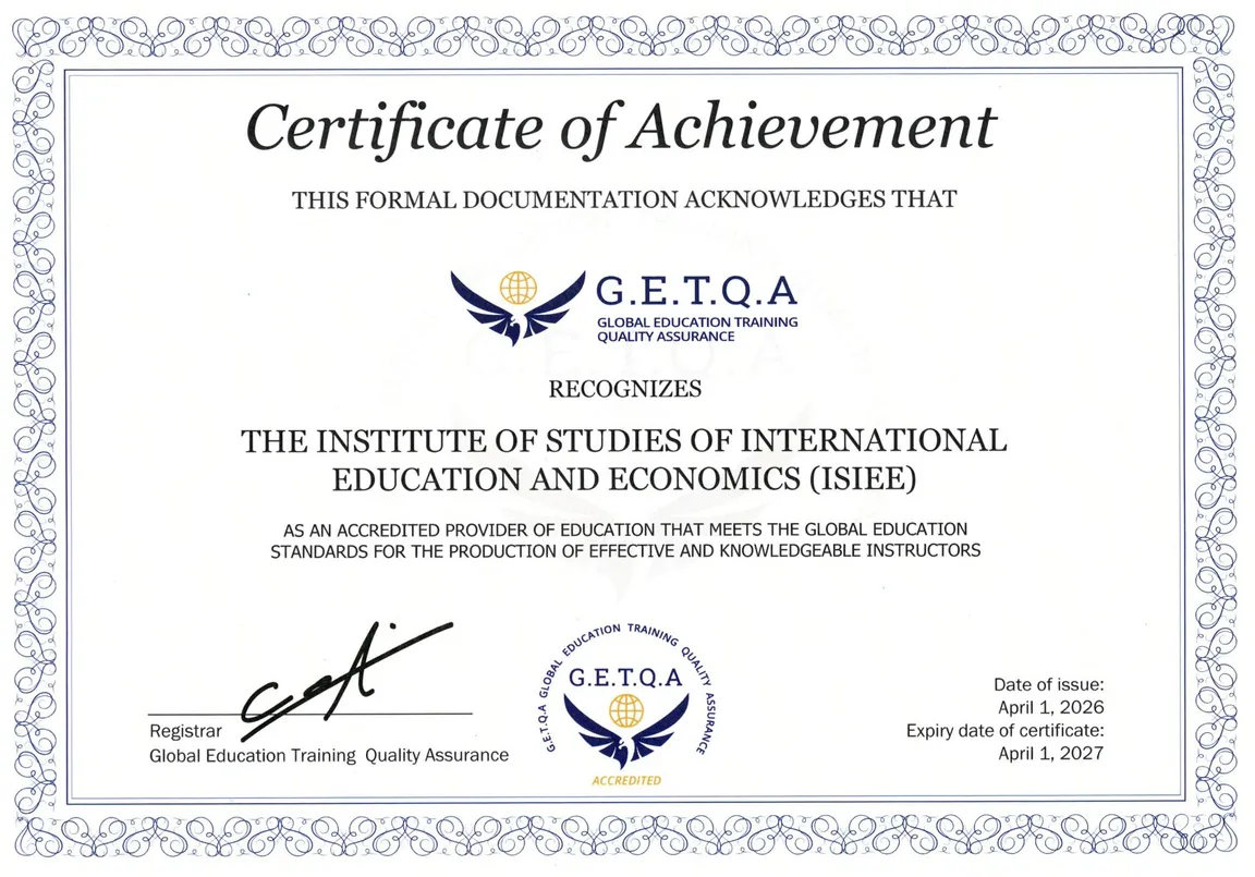 Giấy chứng nhận Certificate of Achievement do Hiệp hội G.E.T.Q.A (Canada) cấp cho Viện ISIEE