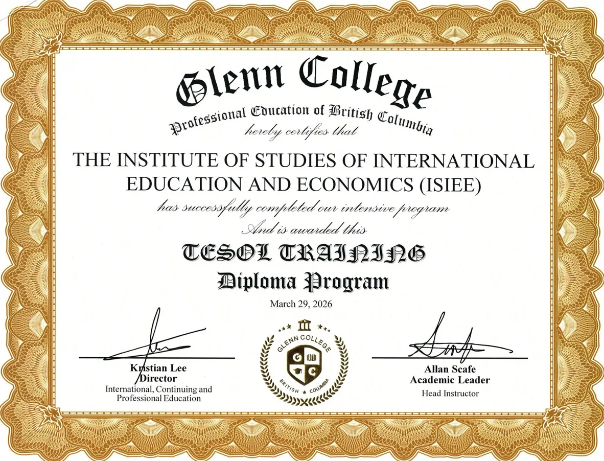Chứng chỉ TESOL Training Diploma do Trường Cao đẳng Glenn (Canada) cấp cho Viện ISIEE