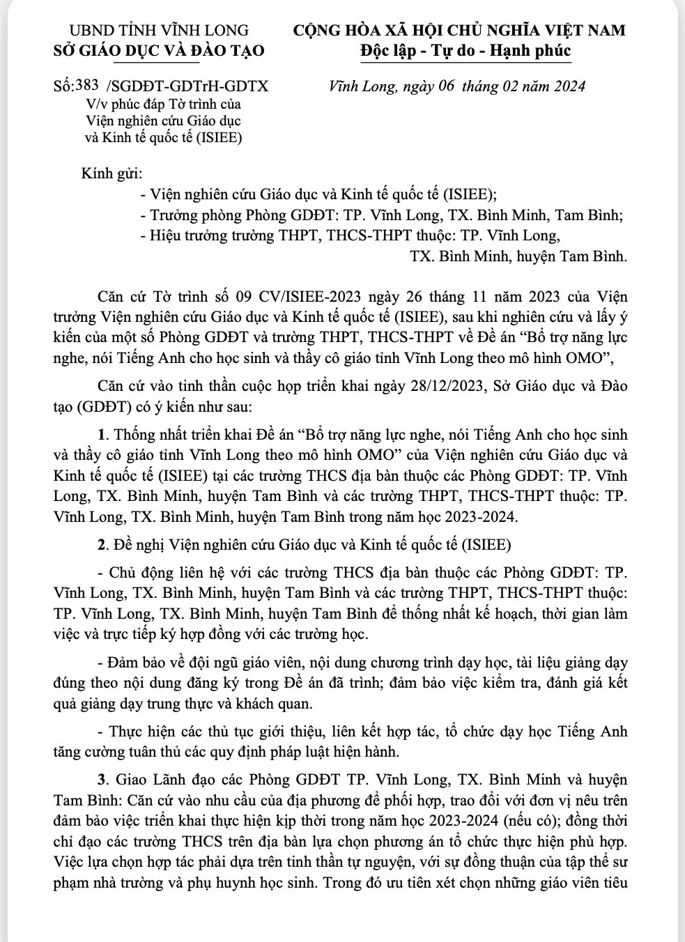 Công văn của Sở Giáo dục và Đào tạo về việc triển khai chương trình tiếng Anh theo mô hình OMO